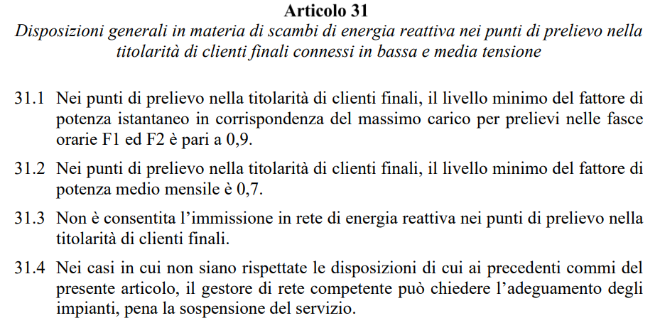 Estratto dell'articolo 31 del TIT ARERA: fattore di potenza minimo 0,9 nelle fasce F1 e F2 e 0,7 come media mensile